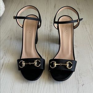 Gucci Black Heeled Sandals with Gold Detail